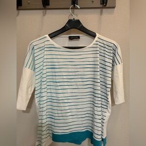 Ozai N Ku Women's Top Size 1 S Teal White Striped Boatneck Boxy Oversized Greece